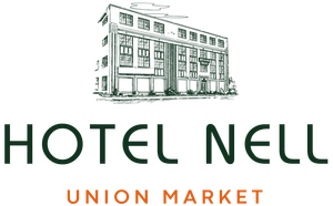 This image features a logo for "Hotel Nell" with the tag "Union Market" displayed below it, along with an illustration of a building.