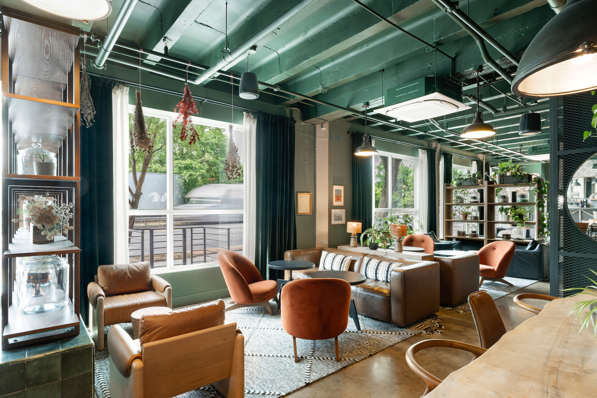 A modern, cozy lounge with large windows, assorted chairs, couches, plants, and a patterned rug under a green ceiling with exposed pipes.