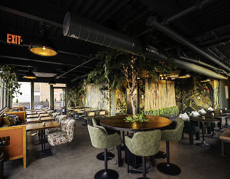 The image shows a modern restaurant interior with green decor, plants, various seating options, and warm lighting, creating a cozy atmosphere.