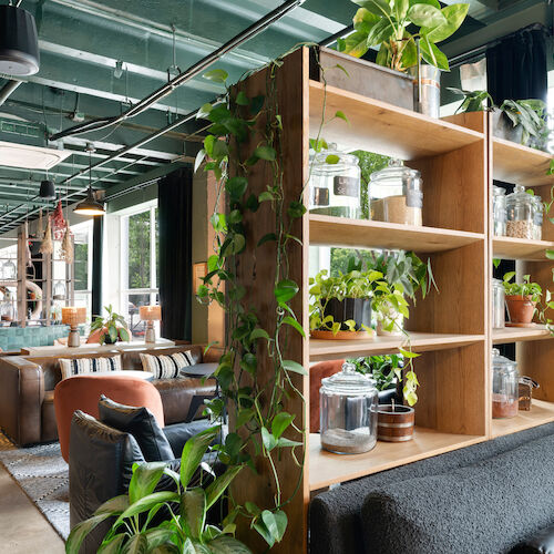 The image depicts a modern, stylish lounge area with ample greenery, comfortable seating, a room divider with plants, and industrial ceiling elements.