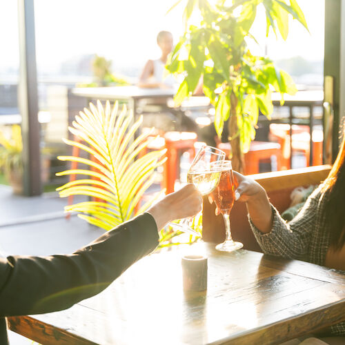 Two people are at a sunny, outdoor cafe, raising glasses in a toast while sitting at a wooden table with plants in the background.