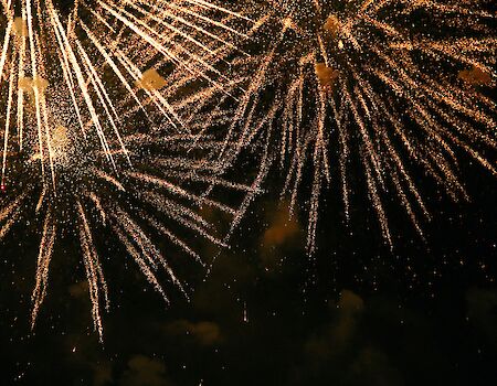 The image shows fireworks bursting with golden sparks against a dark night sky.