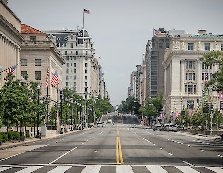 The image depicts a wide, empty city street lined with trees and American flags, flanked by historic buildings under a cloudy sky.