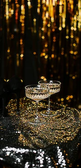 A glittering party scene with champagne coupe glasses on a sequined table, gold confetti and a shimmering backdrop, festive celebration vibes.